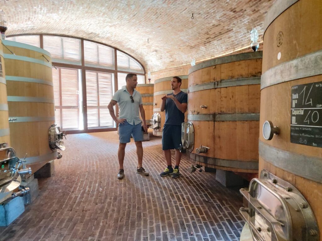 Roger Bissell exploring Italian wine and food at the Podere Le Ripi winery in Montalcino